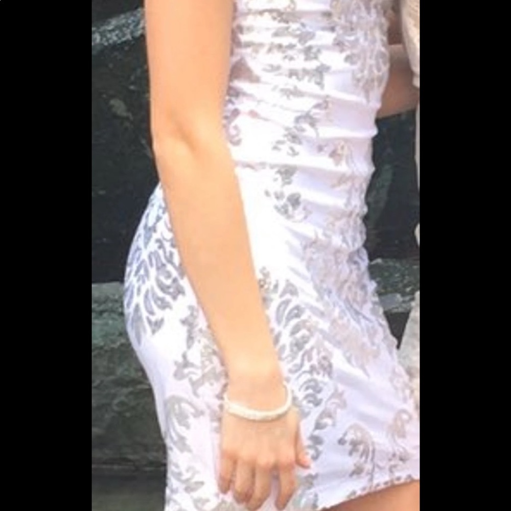 Macy’s white and silver sequin dress
